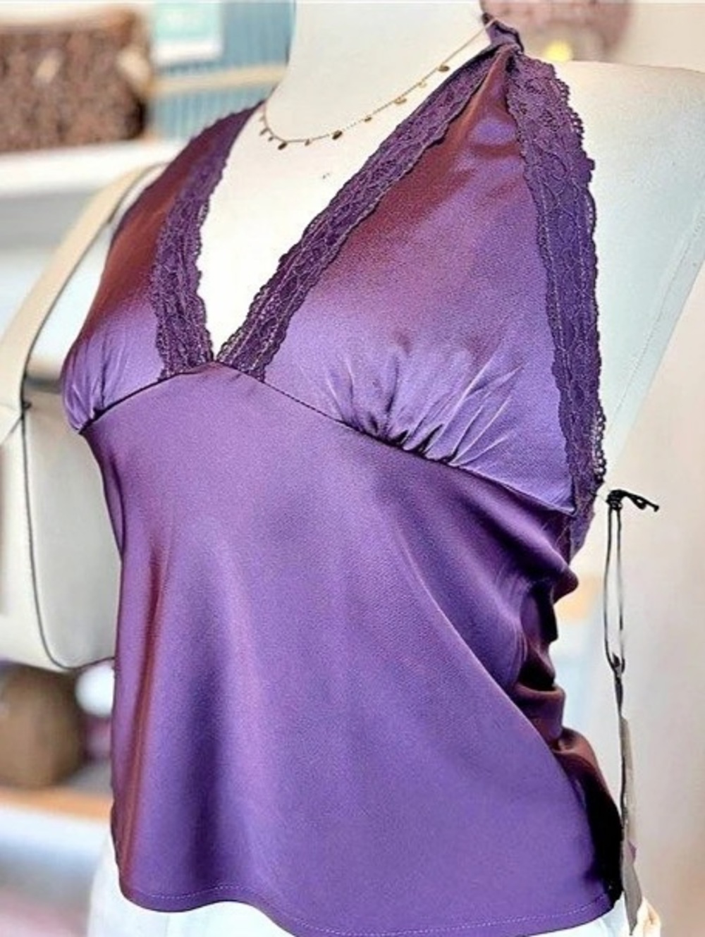 Sans Souci Satin Lace Trim Halter Top Purple